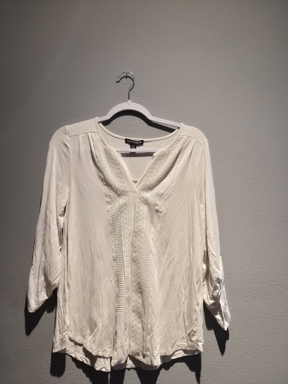 Cable & Gauge Cream V-Neck Crochet-Trim Blouse